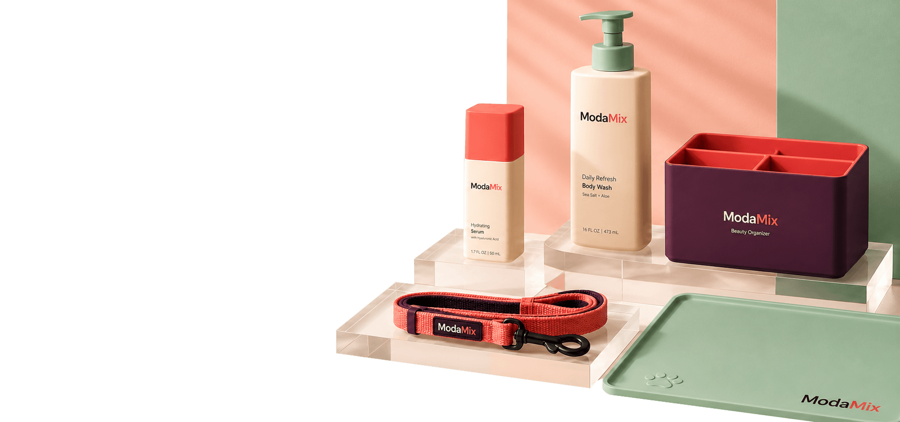 ModaMix beauty, personal care, accessory, and pet-life essentials arranged on clear display plinths